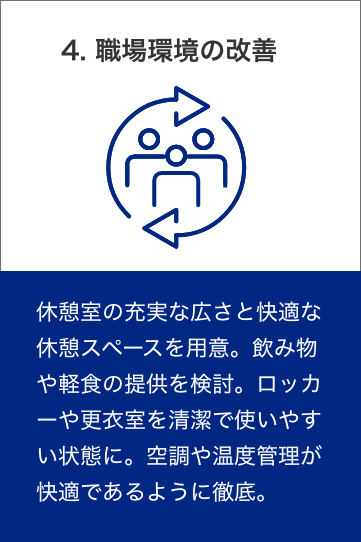 4. 職場環境の改善　休憩室の充実な広さと快適な休憩スペースを用意。飲み物や軽食の提供を検討。ロッカーや更衣室を清潔で使いやすい状態に。空調や温度管理が快適であるように徹底。